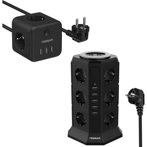 TESSAN Multiple Power Strip Tower with Power Switch 5 USB Charging Ports 12 AC Outlets and 2M Cable EU Plug Socket for Office