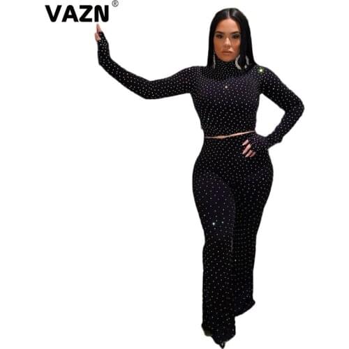 VAZN New Elegant Office Formal Lady Women 2020 Set High Neck Long Sleeve Full Pant 2 Piece Sets Night Club Sets