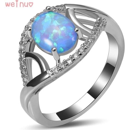 Weinuo Blue Fire Opal White Crystal Ring 925 Sterling Silver Top Quality Fancy Jewelry Wedding Ring Size 5 6 7 8 9 10 A413