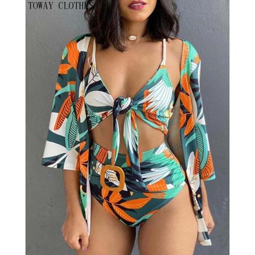 Women Fashion Plant Print Bikini With Cover Up V-Neck Beachwear High Waist Sexy Bikini Seaside Cover Up Set