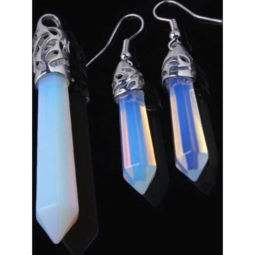 100-Unique Silver Plated Hexagonal Column Pendant Opalite Opal Earrings For Female Jewelry Set