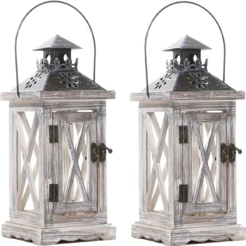 2 Pack Decorative Lantern Candle Holder Wooden Rustic Style for Table Top Mantle Wall Hanging Decor Indoor Outdoor Use