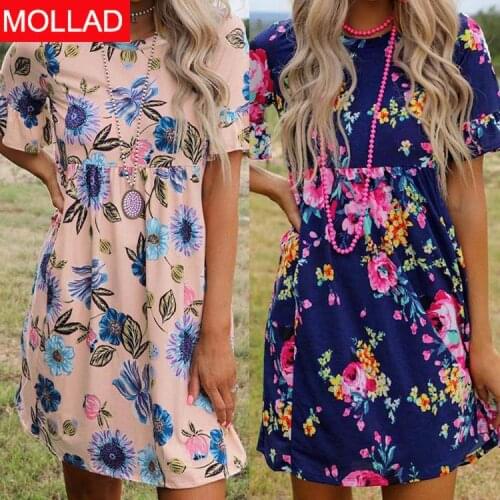 AliExpress 2021 Summer European and American Style round Neck Pullover Young High Waist Floral Dress for Women