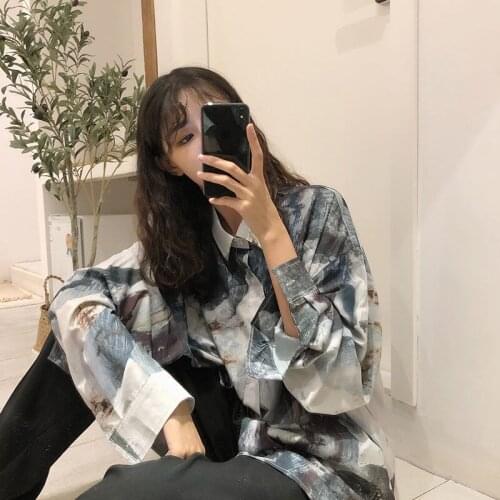 Retro Print Blouse Women New Autumn Turn Down Collar Long Sleeve Shirts Loose Casual Single Breasted Street Female Vintage Tops