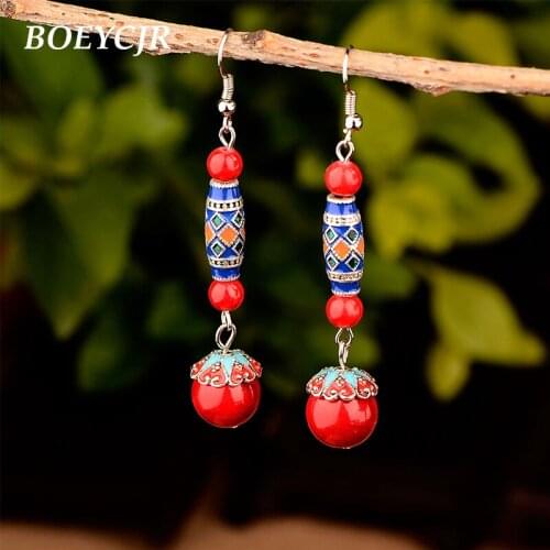 BOEYCJR Ethnic Vintage Natural Stone Bead Enamel Bead Dangle Earrings Fashion Jewelry Drop Earrings For Women Gift