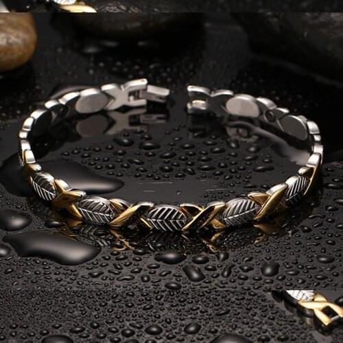 Vinterly Women Hand Chain Leaf Design Health Energy Gold Color Bio Magnetic Germanium Stainless Steel Bracelets Bangle for Women