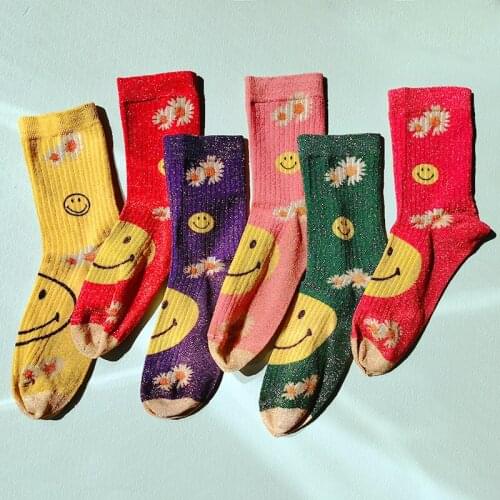 Fashion Flower Socks Women Girls Harajuku 3D Painted Daisy Funny Socks Ankle Long Shiny Streetwear Calcetines Mujer