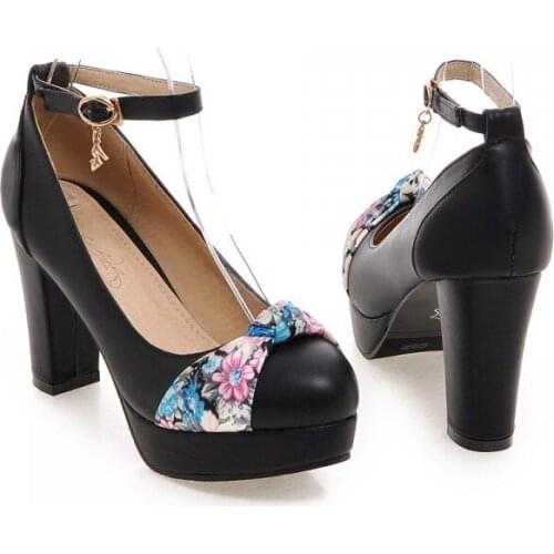 Affordable Floral Elegant Office Chunky Buckle Platform Shoes Off White Round Toe Pumps Black Pink Blue Sale Cheap