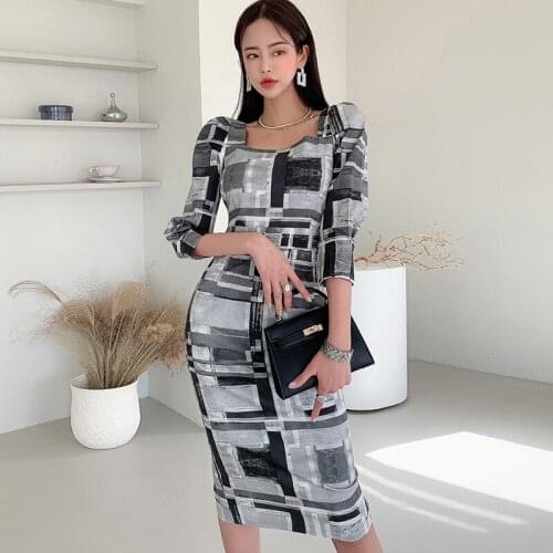New Fashion Spring Bodycon Beach Midi Dress Ladies OL Casual Elegant Vintage Sexy Square Collar Puff Sleeve Print Party Dress