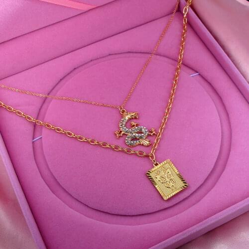 Punk Multilayer Chinese Dragon Pendant Necklace for Women Hip Hop Simple Gold Color Carved Butterfly Necklace Mascot Jewelry