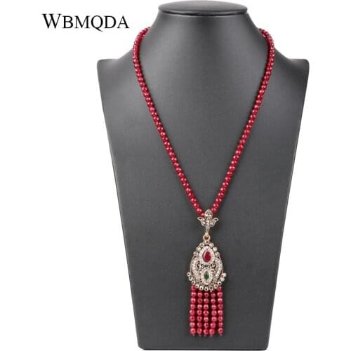Luxury Africa Bead Long Tassel Pendant Necklace Women Turkish Antique Gold Color Red Crystal Sweater Indian Bijoux 2020 New