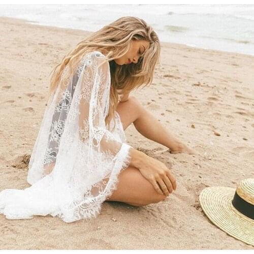 Sexy Ladies Women Bikini Cover up Long Beachwear Swimsuit Outerwear Lace Chiffon Beach Wear Sun Protection Black White Coat