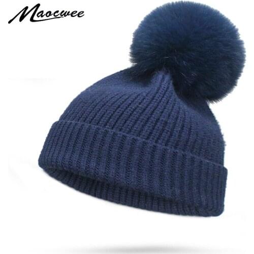 Real Fox Fur Pom poms Winter Hat For Women Warm Wool Beanie Knitted Hat For Girl Thick Female Wool Cap Brand 2018 New Skullies