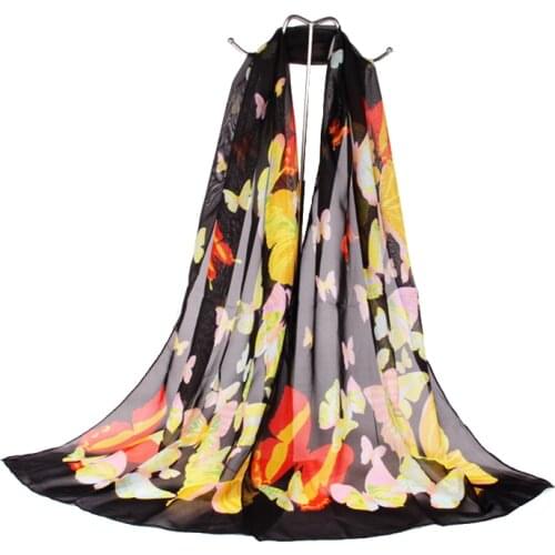 Butterfly Chiffon Scarf Women Printing Fashion Black High Quality Scarves Shawl Cape Ladies Female Plant Scarfs Thin Shawl Wraps