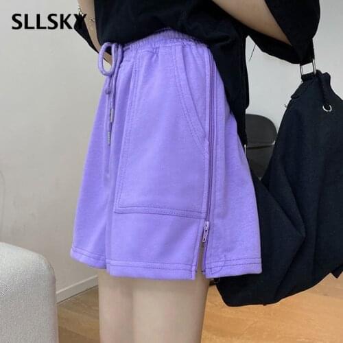 SLLSKY Casual Large Size Sports Women Shorts Elastic High Waist Solid Wide Leg Short Pants Female Summer Lady New Loose Shorts