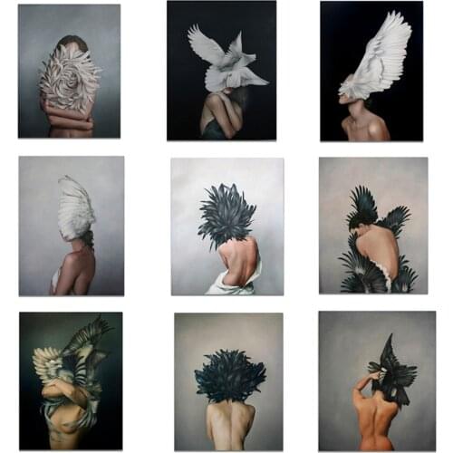 Modern Different Color Feathers and Girls Poster Canvas Print Painting Wall Art Living Room Home Decoration