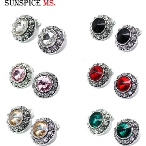 SUNSPICEMS Crystal Round Stud Earring for Women Retor Silver Color Vintage Bohemia Earring Ethnic Wedding Jewelry Bridal Gift