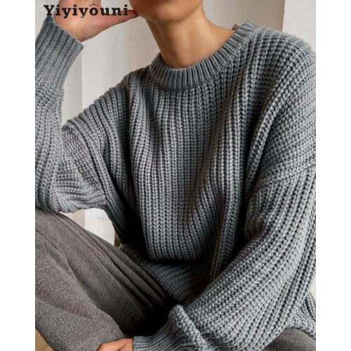 Yiyiyouni Vintage Oversized Knitted Sweater Women Elegant Thick Loose Sweater Pullovers Female Korean Fashion Solid Knitted Tops