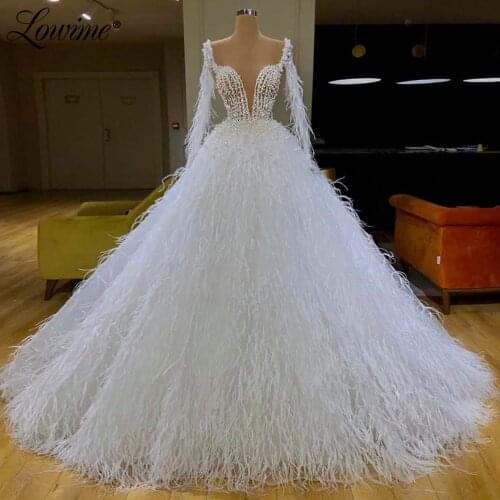 White Feather Evening Dress Vestidos Beads Pearls Party Gown Formal Dress 2020 Dubai Long Sleeves Prom Dresses Robe De Soiree