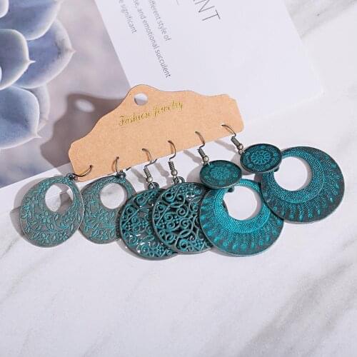Vintage Bronze Bohemian Style Earrings 3 Piece Set Round Alloy Mesh Hollow Pendant Geometric Pattern Earrings 2020 Jewelry Gifts