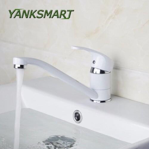 YANKSMART Kitchen Single Handle Bathroom White Painting Hot & Cold Mixer Sink Tap Solid Brass Basin Chrome finish Faucet