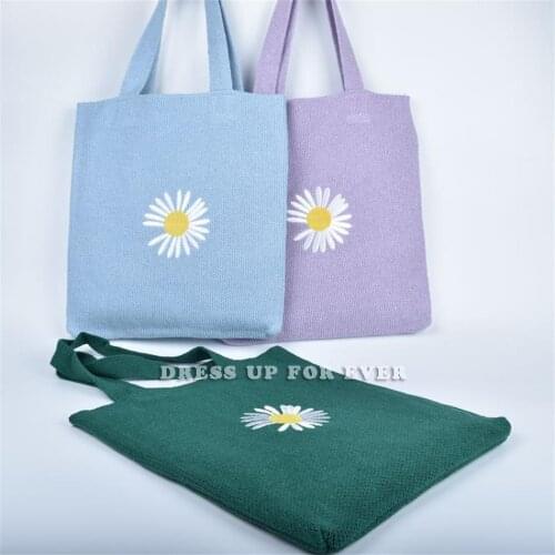 Candy Color Women Wool Knitted Embroidered Daisy Lady Floral Handbag Casual Tote Literary Books Shoulder Shopping Bag For Girls