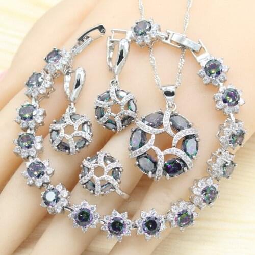 Silver Color Jewelry Sets For Women Party Multicolor Rainbow Round Bracelet Dangle Drop Earrings Necklace Pendant Rings