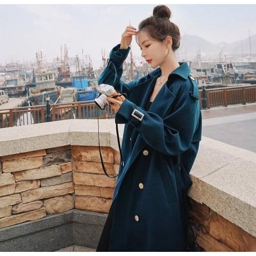 Vintage Wine Red Elegant Mid-length Double Breasted Trench Coat Plus Sashes Women Dark Blue Khaki Black Coat Loose Casual Autumn