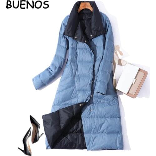 BUENOS Womens Winter White Duck Down Jackets Double Side Wear Down Coat Fashion Elegant Double-breasted Long Parka Coat Female