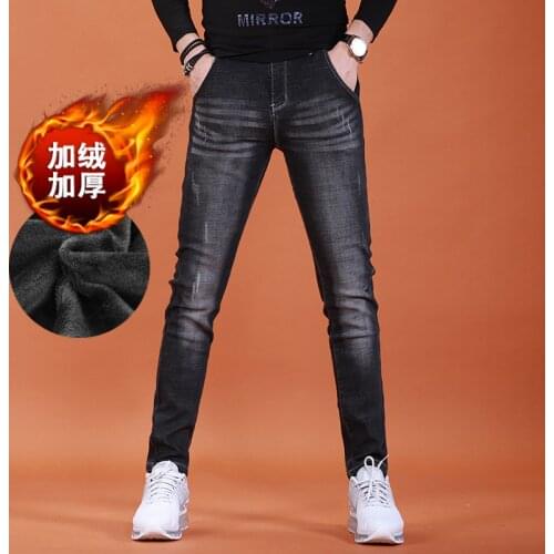 Winter Mens Fleece Jeans Casual Black Warm Slim Fit Pencil Pants