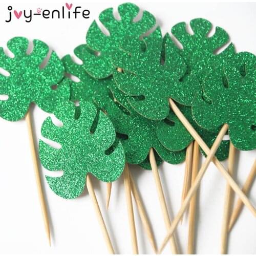 12pcs Pineapple Leaves Cake Toppers Palm Leaves Cupcake Toppers Hawaiian Luau Party Decorations Tropical Party Supplies