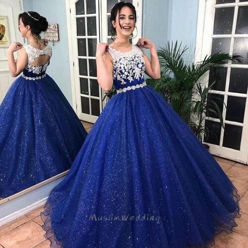 2020 Sparkly Royal Blue Ball Gown Lace Quinceanera Dresses Vestido 15 Years Dress Round Neck Open Back Girl Sweet 16 Formal Gown