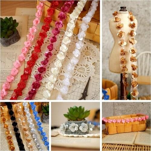 3Yard/Lot 3D handmade flowers beaded petals lace trim handmade DIY decorative sewing ribbon wedding dress clothes accessories