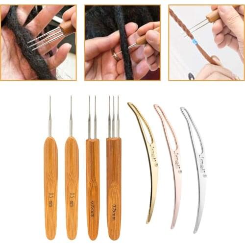 7Pcs/Set Crochet Needle Hooks For Dreadlock Braiding Hair Making Bamboo Handle With Stainless Steel One Double Triple Head