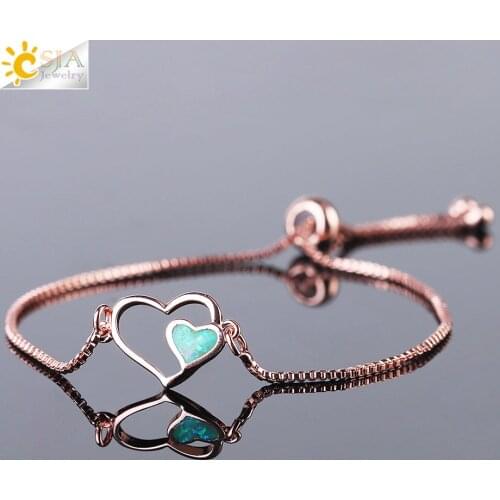 CSJA Double Love Heart Fire Opal Bracelet for Women Girl Lovers' Jewelry Wedding Banquet Bracelets Link Chain Lovely Bangle F498