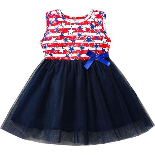 Children Kids Girls Dress Star Stripe Print O Neck Sleeveless Independence Day Sundress Baby Toddler Dresses 18 Months-5 Years