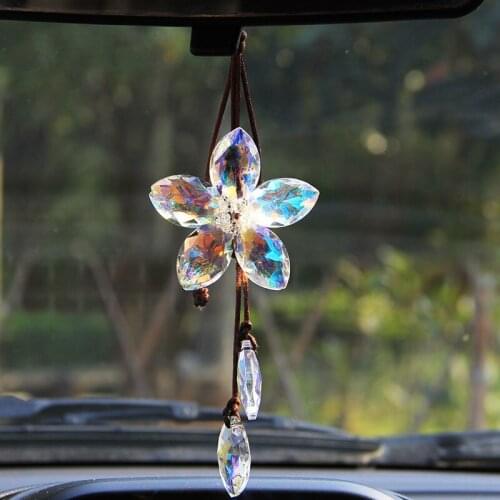 Crystal Flower Figurine Hanging Ornaments Car Rearview Mirror Handmade Glass Crafts Home Decor Car Interior Miniatures