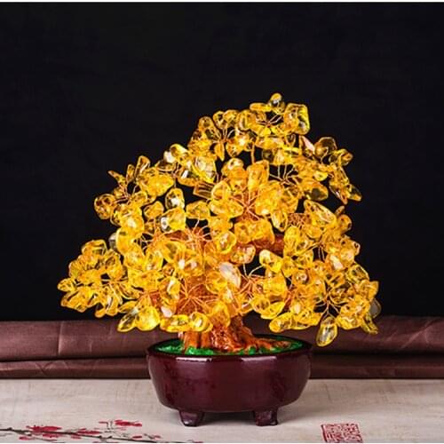 Fengshui Crystal Tree Creative Decoration Yellow Crystal Tree Money Tree Home Decoration Resin Flowers desk decoration