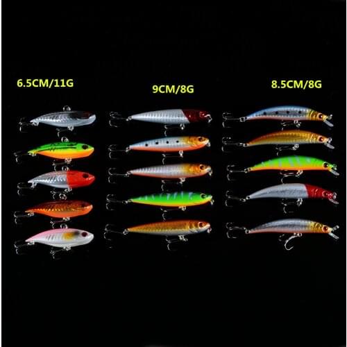 New 15pcs/set Mixed Fishing Lures Set Minnow/VIB/Pencil Swimbait wobbler Artificial Bait Pesca Fishing Tackle 6# Hooks