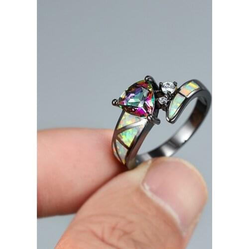 Mystic Rainbow Triangle Zircon Ring White Opal Stone Engagement Ring Antique Black Gold Wedding Rings For Women Vintage Jewelry