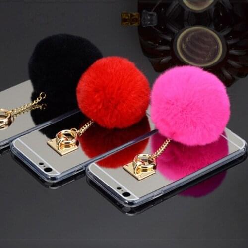 Fashion Metal Rope TPU Mirror Cute Rabbit Fur Ball Phone Cases For iPhone Xs XR 11 Pro Max 5 5S 6 6S Plus 7plus 8plus Back Cover