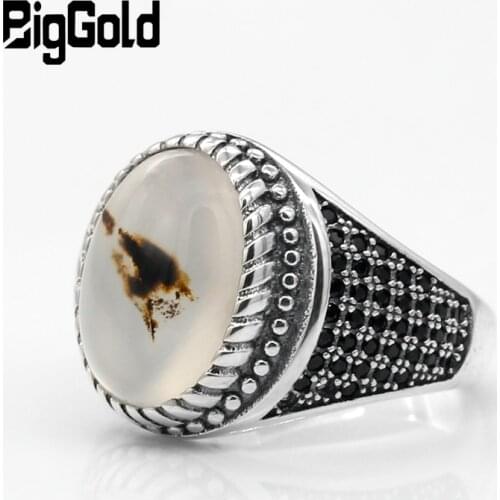 Men Agate Stone Ring 925 Sterling Silver with Big Natural Onyx Ring Vintage Thai Silver Ring for Male Women Turkish Jewelry