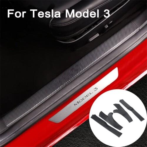 Car PU Leather Carbon Fiber Style Door Sill Protector Stickers Pedal Interior Pad Stickers for Tesla Model 3 2021 Car Styling