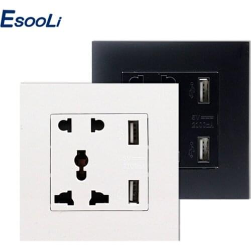 Esooli Smart Home Plastic Panel Manufacturer Wall USB Socket Universal 5 Hole Socket Power Outlet With Double USB