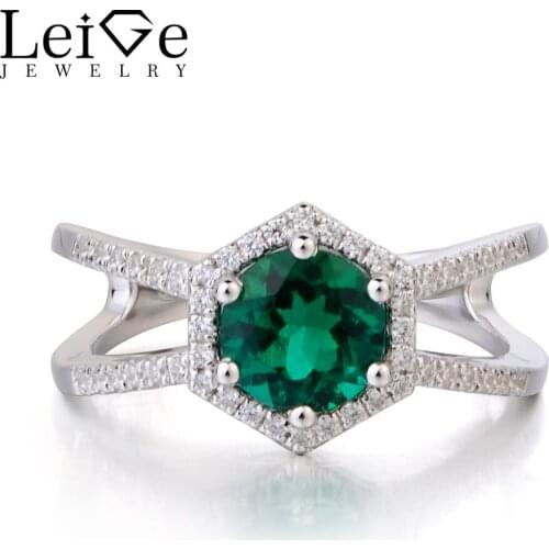 Leige Jewelry May Birthstone Genuine Solid 925 Sterling Silver Lab Emerald Wedding Ring Round Cut Green Gemstone Gifts for Her