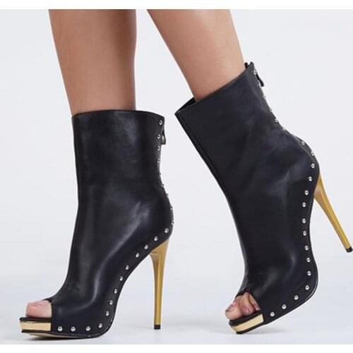 Unisex Men Women Sexy Peep Toe Rivets Stiletto Heel Booties Metal Decoratio Flatform Black Short Boots Size 43 44 45 10 11 12 13