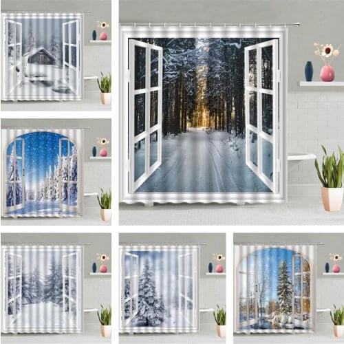 Window Outside Snow View Shower Curtain Wood House Forest Snowflake Scenic Bathroom Hanging Curtains Waterproof Screen Decor Set