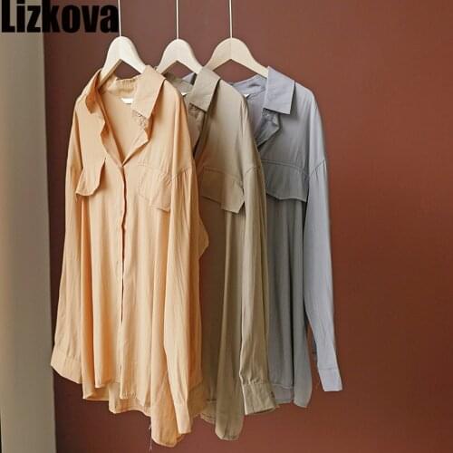 2020 Oversized Blouse Women Elegant Ladies Soft Tops Vintage Casual Tops Fake Pocket Design Streetwear KT8201