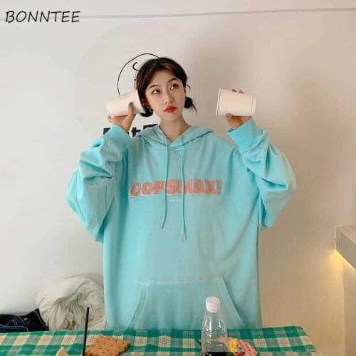 Women with Hat Hoodies Loose Simple Letter Front Pocket Long Sleeve Casual Fashion Korean Style Student Sweatshirts Ladies Soft