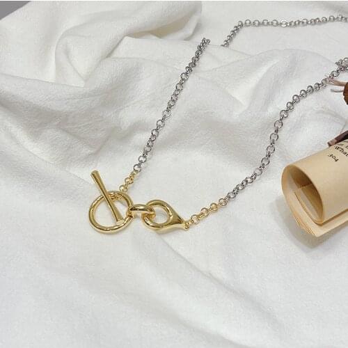 AOMU 2021 New Design Metal Gold Silver Color Necklace Female Simple OT Buckle Clavicle Chain Long Sweater Chain Women Jewelry